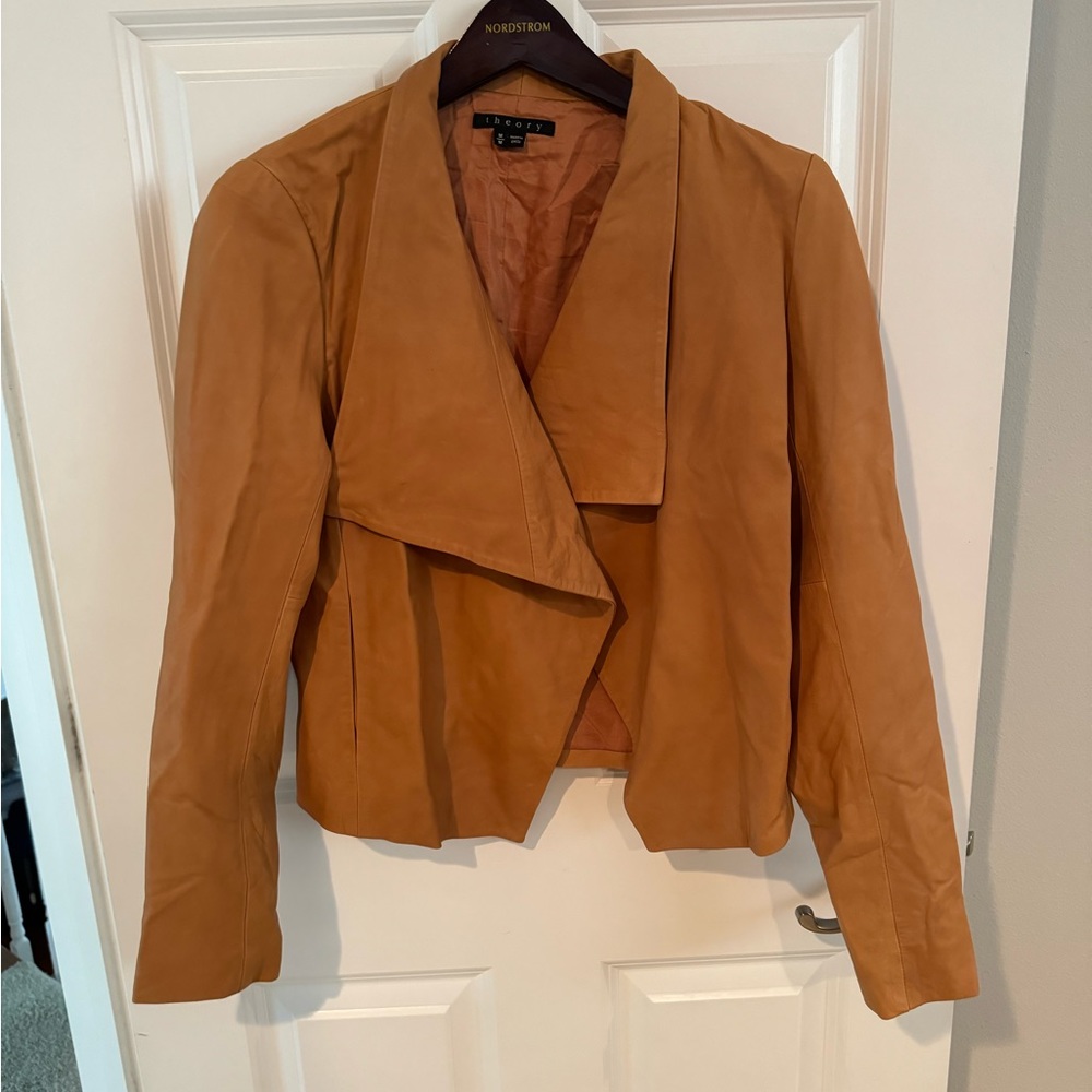 THEORY Leather Drape Jacket Tan Camel Brown medium